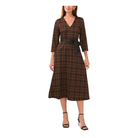 MSK PETITES Womens Brown Tie Pull-on Plaid 3/4 Sleeve Midi Dress Petites LP - Picture 1 of 2